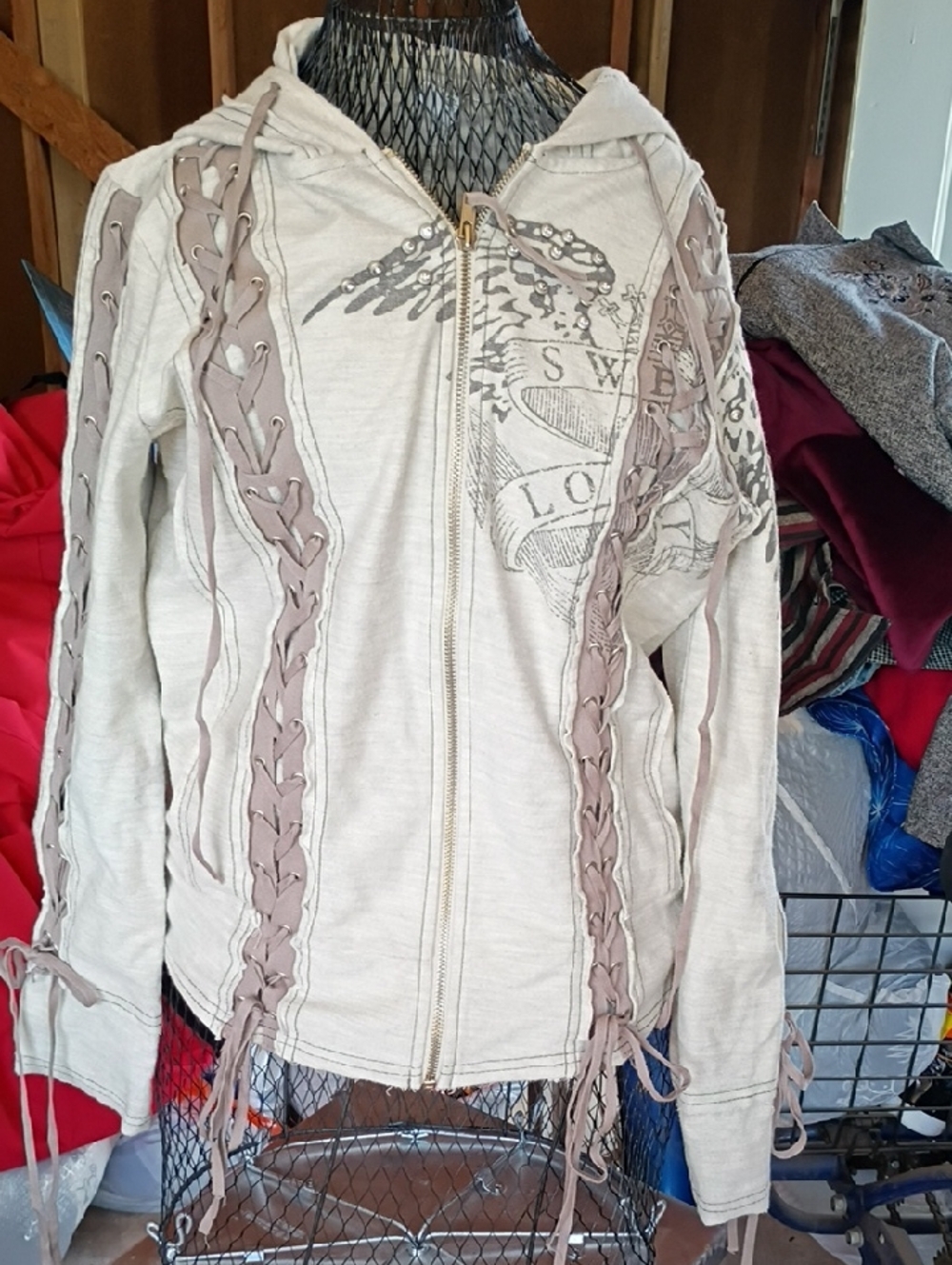 Light Beige Lace-Up Hooded Zip Jacket